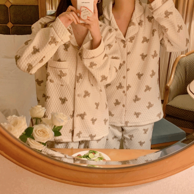 누빔 엠보 곰돌이 커플 파자마 잠옷 세트(2colors)